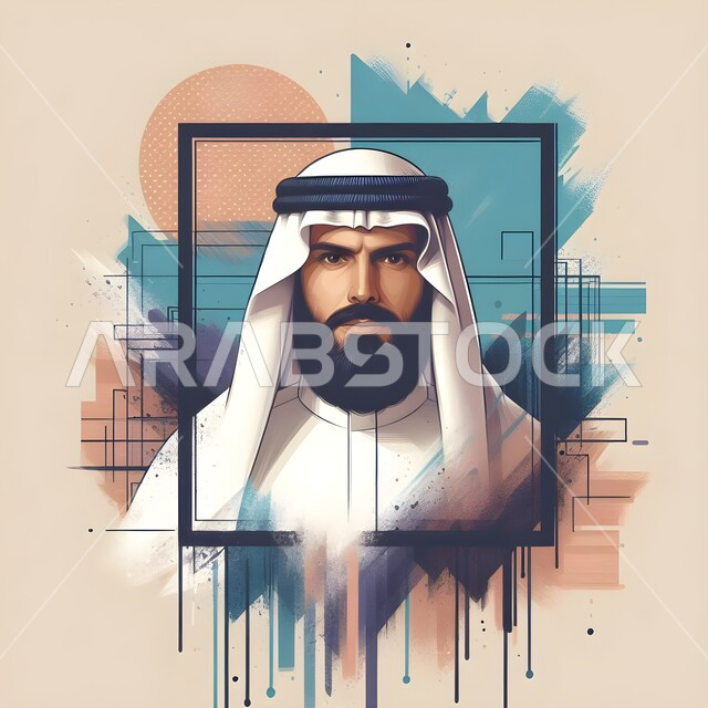 Concern with elegance and external appearance, the concept of masculinity and strength, an artistic drawing in color of a Saudi Gulf Arab man wearing the headband and traditional dress looking at the camera with serious gestures, a distinguished artistic painting