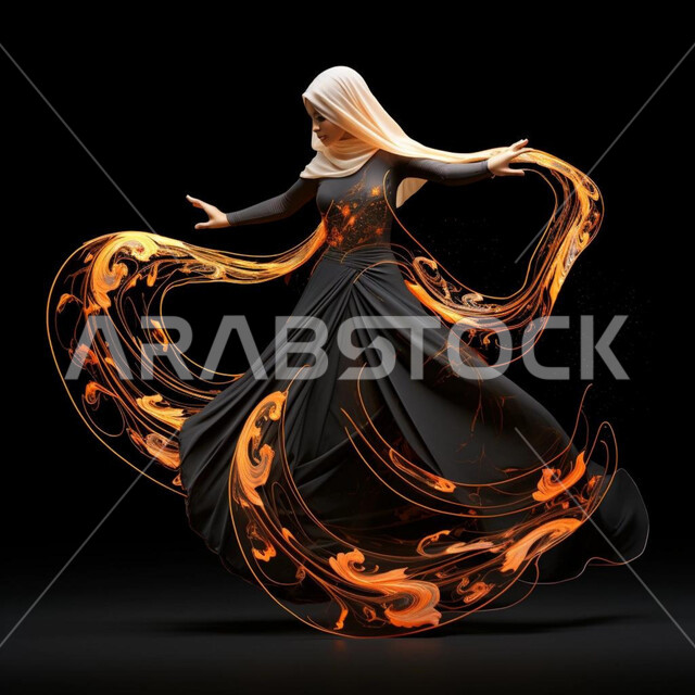 عباءات نسائية بتصاميم راقية للمحجبات، مفهوم الاناقة والاهتمام بالمظهر الخارجي، عرض الأزياء الحديثة المعاصرة للنساء، بورتريه لإمرأة عربية خليجي سعودية ترتدي الحجاب والعباءة السوداء، خلفية سوداء