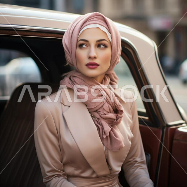 الاهتمام بالمظهر الخارجي، حجابات نسائية عصريه حديثه, مفهوم الأنوثة والنعومة، صورة مقربة لإمرأة عربية خليجية سعودية مبتسمة ترتدي الحجاب تنظر إلى شيء ما بإيماءات الثقة بالنفس والسرور