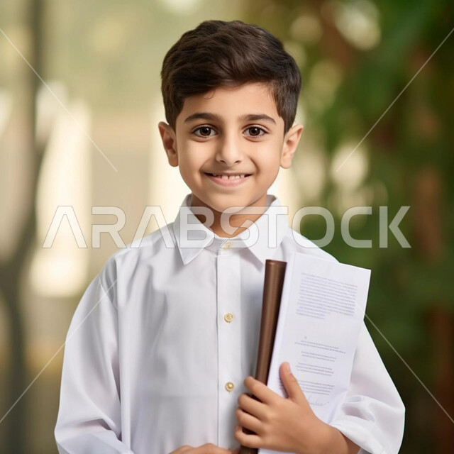 استقبال العام الدراسي الجديد بالحماس والسرور، الاستعداد للذهاب الى المدرسة، صورة مقربة لولد عربي خليجي سعودي يحمل الكتب والاوراق ينظر الى الكاميرا بإيماءات الفرح، العودة إلى المدارس، جودة التعليم في المملكة العربية السعودية