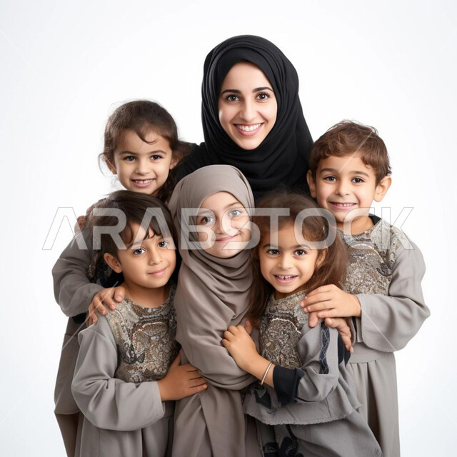 النظر الى الكاميرا بايماءات السعادة والسرور، الشعور بالأمان والحب مع العائلة، مفهوم العاطفة عند الأمهات، بورتريه مقرب لامرأة عربية خليجية سعودية محجبة مع أطفالها، خلفية رمادية