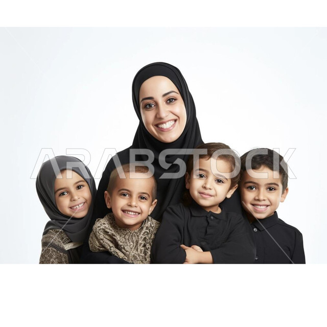ايماءات السعادة والسرور، الشعور بالأمان والحب مع العائلة، مفهوم العاطفة عند الأمهات، بورتريه مقرب لامرأة عربية خليجية سعودية محجبة مع أطفالها، النظر إلى الكاميرا، خلفية رمادية
