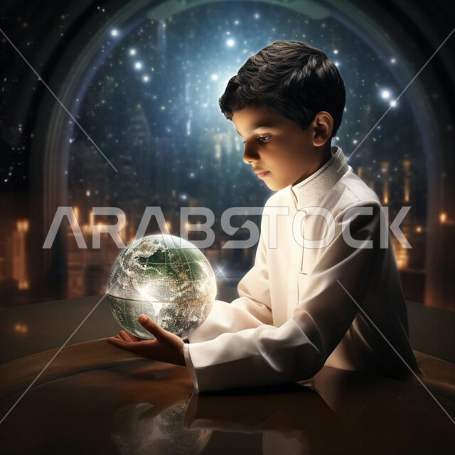 إيماءات الاستمتاع والاستكشاف، تعابير التأمل والتمعن، ولد عربي خليجي سعودي يرتدي الثوب التقليدي يقوم بلمس مجسم هولوجرامي ثلاثي الأبعاد مضيء للكرة الأرضية، خلفية أبراج المملكة