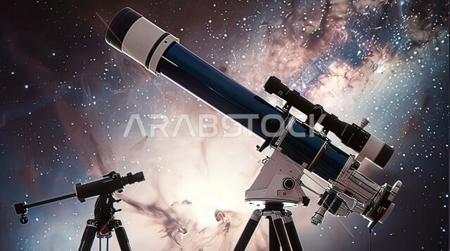 أبرز المشاريع الضخمة لاستكشاف الفضاء البعيد, مفهوم النظر إلى الاشياء البعيدة, صورة مقرب لجهز التلسكوب على خلفية السماء المرصعه بالنجوم ليلا, رؤية مستقبلية للتخطيط للطموحات و الأهداف