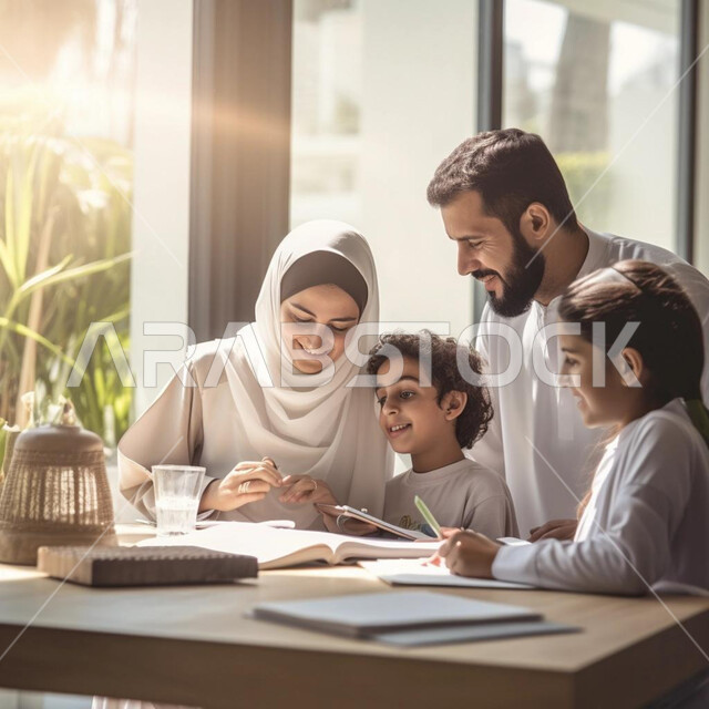 Following up on children and developing children’s skills and innovations, helping children in doing homework, a Saudi Gulf Arab family following up on their children’s lessons with focus gestures, supporting children and their education, strengthening family ties.