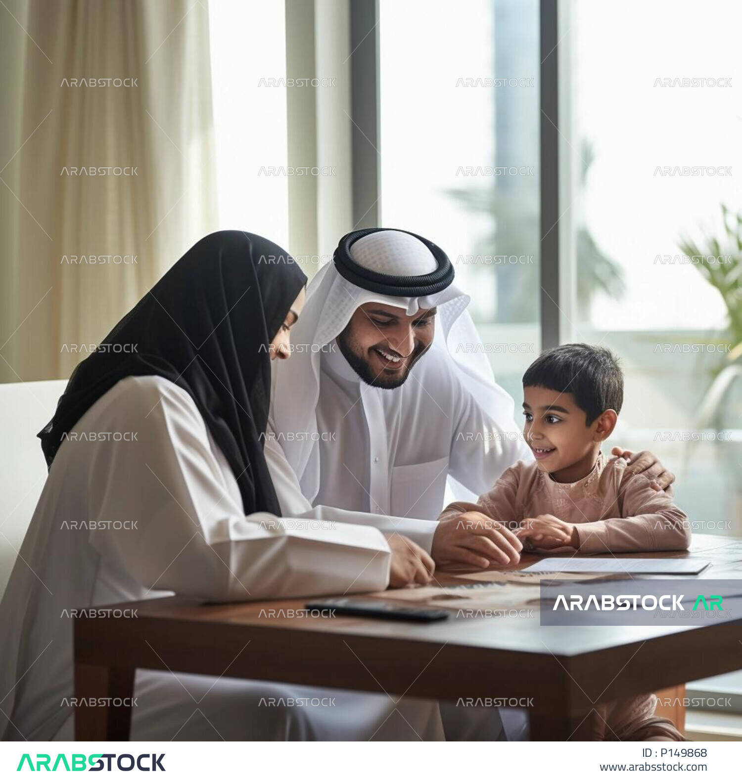 Paying attention to educating and supporting children, developing cultural and intellectual skills, strengthening family ties, helping children in doing homework, a Saudi Gulf Arab family following its child’s lessons with focus gestures