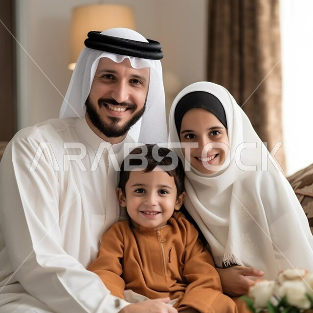 الشعور بالأمان والحب مع الآباء، أب عربي خليجي سعودي يرتدي الثوب التقليدي والشماغ مبتسم مع ابنته وابنه، مفهوم الإعتناء بالأبناء والإهتمام بهم، العلاقات الأسرية الناجحة