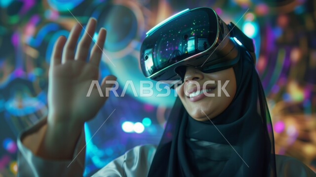 التفاعل ومحاكاة العالم الخيالي, صورة مقربة لأمرأة عربيه خليجية سعودية محجبة ترتدي نظارة الواقع الافتراضي بتعابير السرور, الحماس والاندماج ومحاولة امساك شيء ما, مشاهدة الأفلام عبر نظارات في آر ثلاثية الأبعاد, دمج التقنية الحديثة في المتعه و التسلية