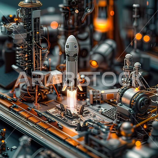 مجسم ثلاثي الابعاد لصاروخ فضائي ينطلق نحو العالم الخارجي, رحلات فضائية إلى القمر، رحل جوية سياحية, وصول السعودية إلى العالم الخارجي،  تطور ونمو ودعم قطاع الفضاء