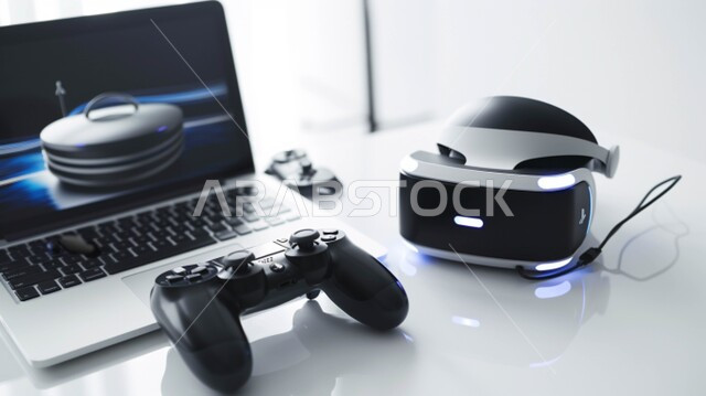 دمج التقنيات الحديثة المتطورة في المتعه و التسلية,  استخدام الحاسوب المحمول في الحياة اليومية ,صورة مقربة لعصا التحكم ونظارة الواقع الافتراضي على الطاولة في إحدى المنازل الفاخر