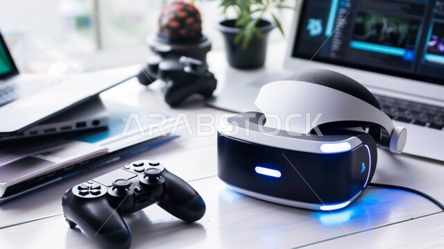  استخدام الحاسوب المحمول في الحياة اليومية ,دمج التقنيات الحديثة المتطورة في المتعه و التسلية ,صورة مقربة لعصا التحكم ونظارة الواقع الافتراضي على الطاولة في إحدى المنازل الفاخر