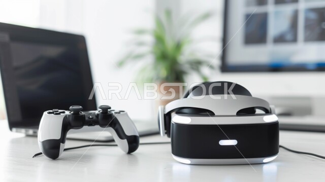 دمج التقنيات الحديثة المتطورة في المتعه و التسلية ,صورة مقربة لعصا التحكم ونظارة الواقع الافتراضي على الطاولة في إحدى المنازل الفاخرة, استخدام الحاسوب المحمول في الحياة اليومية