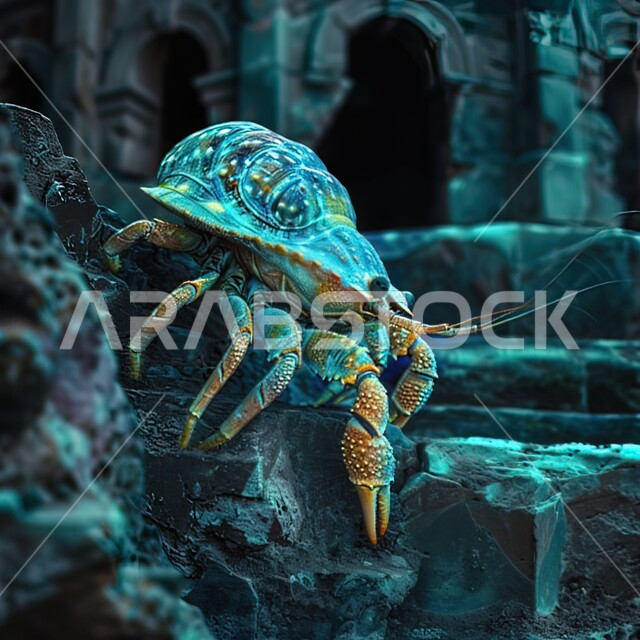 صورة مقربة لمجسم ثلاثي الابعاد لسرطان البحر الناسك على الاحجار الصخرية, حيوانات قشرية بحرية, خلفية المنازل والبيوت الحجرية