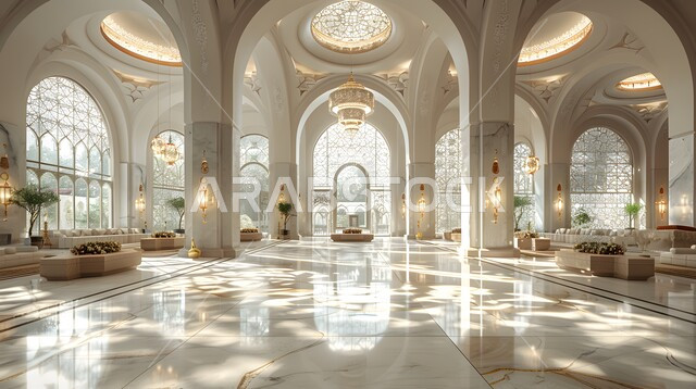 تصميم داخلي لقصر فاخر، ديكورات من الجبس والرخام الابيض،  زخارف كلاسيكيه محفره في الاعمده والاسقف في المداخل والساحات الخارجيه