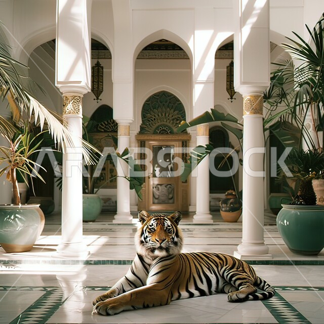 التصاميم الداخلية للفنادق والمنتجعات الفاخرة، الديكور الراقي لردهة ومدخل الاستقبال في الفندق ، مكاتب وشركات تجارية بديزاينات عصرية حديثه في المملكة العربية السعودية، حيوان النمر يجلس في مدخل الاوتيل ,مفهوم الحيوانات الشرسة