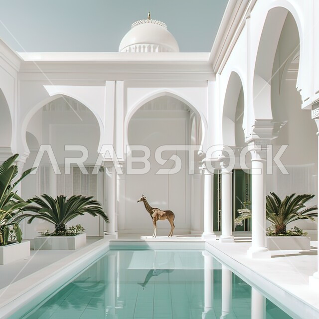 انعكاس ظل الزرافة على حوض السباحة في حديقة مجمع سكني فاخر، تصاميم عصرية مميزة للجلسات الخارجية ،الاهتمام في زراعه النباتات و الأشجار الخضراء,الفنون الهندسية المعمارية للشقق و الفلل السكنية ،خلفية الطبيعه