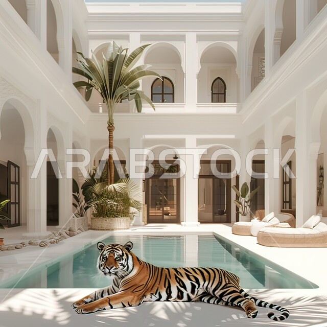 حيوان النمر يجبس امام حوض السباحة في مدخل الاوتيل, مفهوم الحيوانات الشرسة, التصاميم الداخلية للفنادق والمنتجعات الفاخرة، الديكور الراقي لردهة ومدخل الاستقبال في الفندق ، مكاتب وشركات تجارية بديزاينات عصرية حديثه في المملكة العربية السعودية