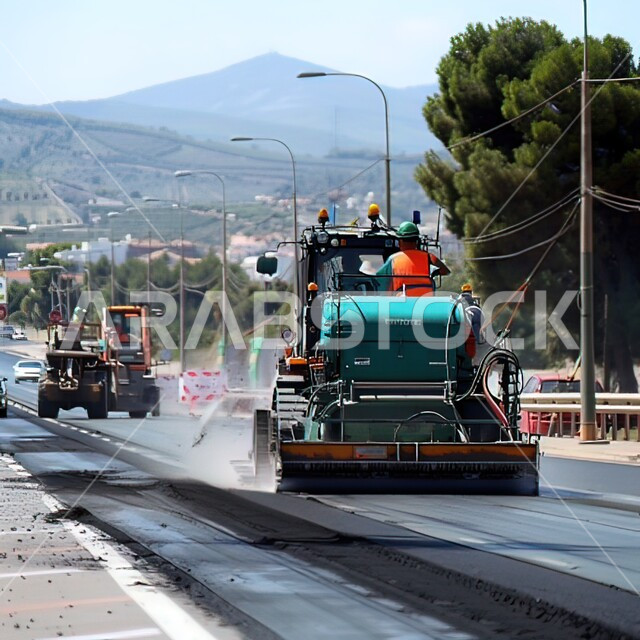 Effective strategies to ensure safety, the concept of paving roads, attention to infrastructure, a truck pouring asphalt on the streets of the Kingdom of Saudi Arabia, improving quality and durability