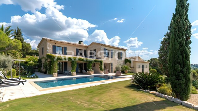 حوض السباحة الأزرق في حديقة مجمع سكني فاخر، الفنون الهندسية المعمارية للشقق و الفلل السكنية ،تصاميم عصرية مميزة ،الاهتمام في زراعه اشجار النخيل والنباتات الخضراء ،خلفية الطبيعه