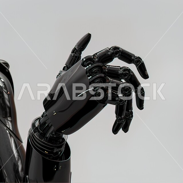 Science, innovation and artificial intelligence technology, gestures and expressions of trying to catch something, Saudi Future Vision 2030, achieving the industrial revolution, a close-up of the hand of a modern and advanced robotic robot with high technologies, gray background