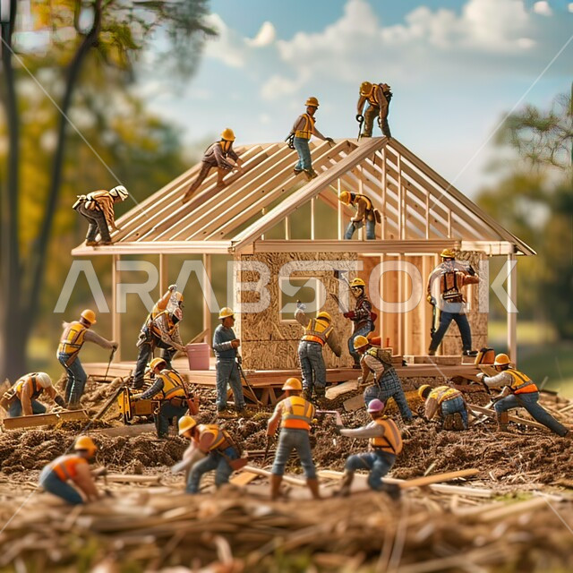 مهن ووظائف سعودية، صورة مقربة لمجموعة من المهندسين يرتدون الزي الخاص بمهنة الهندسة يقومون ببناء منزل خشبي في الغابة, التعاون والمشاركة في العمل, مفهوم الهندسة والإنشاءات, خلفية الطبيعه