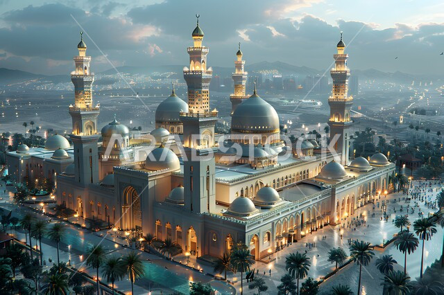 التصاميم المتميزة للقبب والمآذن، جامع عريق محاط بالاشجار والنباتات الخضراء، الفن الهندسي المعماري للمساجد على الطراز الاسلامي، منظر السماء المليئة بالسحب والغيوم
