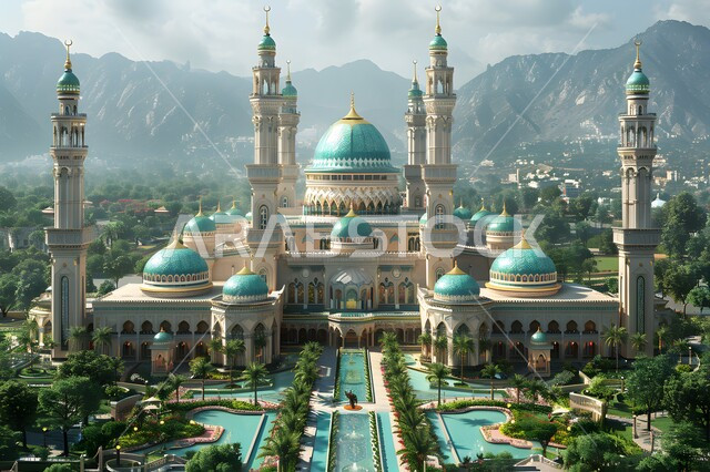 An ancient mosque surrounded by trees and green plants, the architectural art of mosques in the Islamic style, the distinctive designs of domes and minarets, the view of the sky full of clouds and clouds.