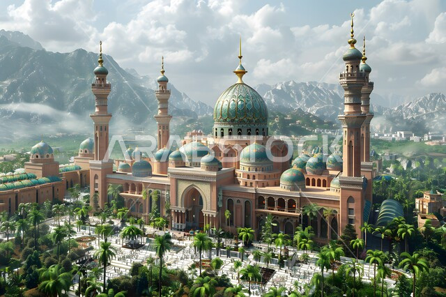 الفن الهندسي المعماري للمساجد على الطراز الاسلامي، مسجد عريق محاط بالاشجار والنباتات الخضراء، التصاميم المتميزة للقبب والمآذن، منظر السماء المليئة بالسحب والغيوم