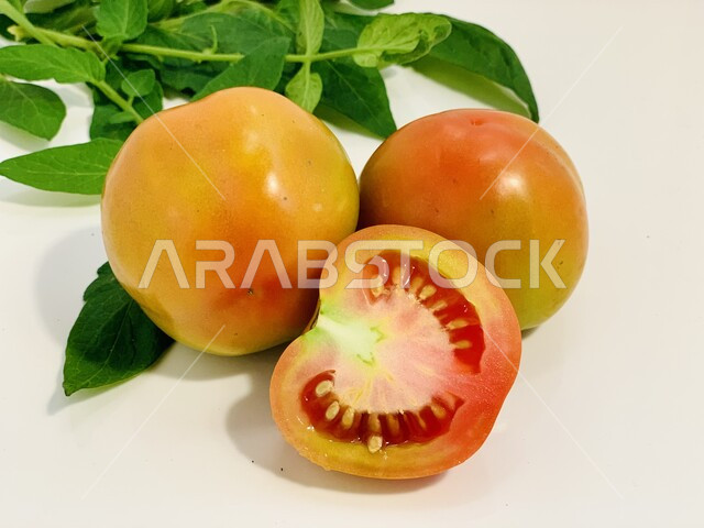 حبات من المطاعم الطازجة المليئة بالفيتامينات المغذية مع النعناع، منتجات ومحاصيل وطنية محلية سعودية، خضراوات صحية لذيذة، خلفية بيضاء