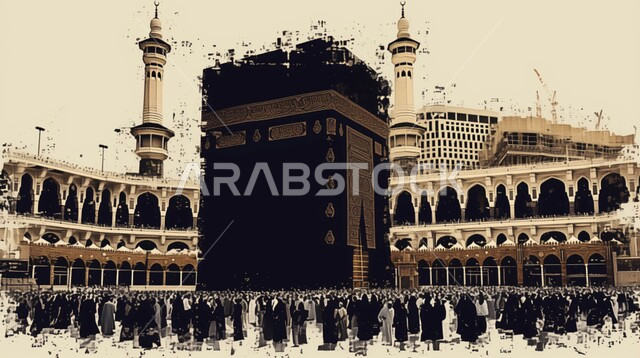 اماكن دينية إسلامية، لوحة فنية لمجموعة من الحجاج والمعترين يقومون بالطواف حول الكعبة المشرفة في مكة المكرمة، الحرم المكي الشريف في مكة المكرمة بالمملكة العربية السعودية، العبادة والتقرب إلى الله، أداء مناسك الحج والعمرة