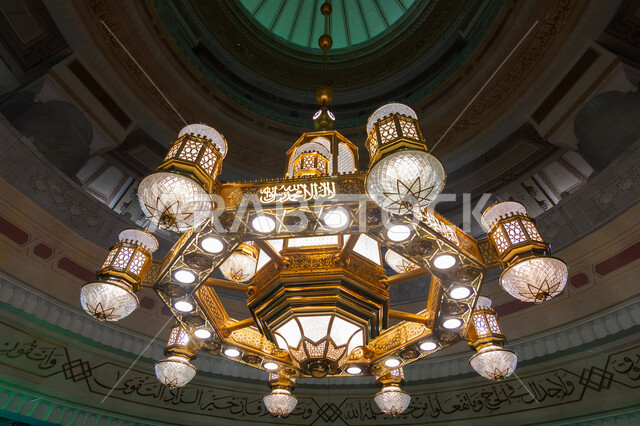 Chandeliers and hanging lights in the Holy Mosque of Mecca, arts and decorations of Islamic architecture, the Grand Mosque in Mecca in the Kingdom of Saudi Arabia, Islamic holy places