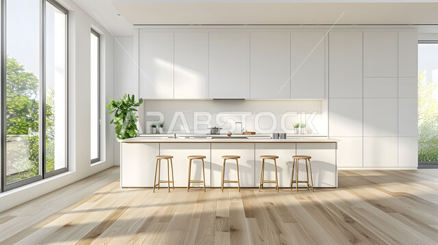 التصميم العصري للمطابخ الفاخرة في المملكة العربية السعودية، التحف والأكسسوارات المنزلية، الفن الهندسي المعماري للفلل والشقق السكنية، ديكور داخلي راقي لمطبخ أنيق