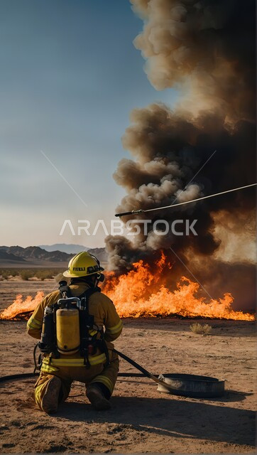 مفهوم الشجاعة والتفاني، صورة من الخلف لرجال الإطفاء يرتدون اليونيفورم المقاوم للنار يعملون على إطفاء و إخماد الحرائق الضخمة في المناطق الصحراوية، الحماية المدنية والدفاع المدني، مهن ووظائف سعودية