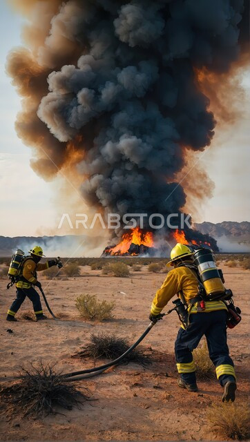 الدفاع المدني والحماية المدنية، مهن ووظائف سعودية، مفهوم الشجاعة والتفاني، صورة من الخلف لرجال الإطفاء يرتدون اليونيفورم المقاوم للنار يعملون على إطفاء و إخماد الحرائق الضخمة في المناطق الصحراوية
