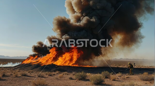 رجال الإطفاء يرتدون اليونيفورم المقاوم للنار يعملون على إطفاء و إخماد الحرائق الضخمة في المناطق الصحراوية، الدفاع المدني والحماية المدنية، مهن ووظائف سعودية، مفهوم الشجاعة والتفاني