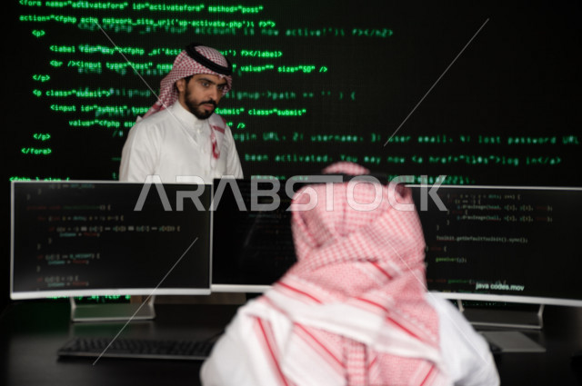 Saudi Gulf workforce working as a web developer, using a variety of programming languages to develop and build websites, technologies and computers, machine learning