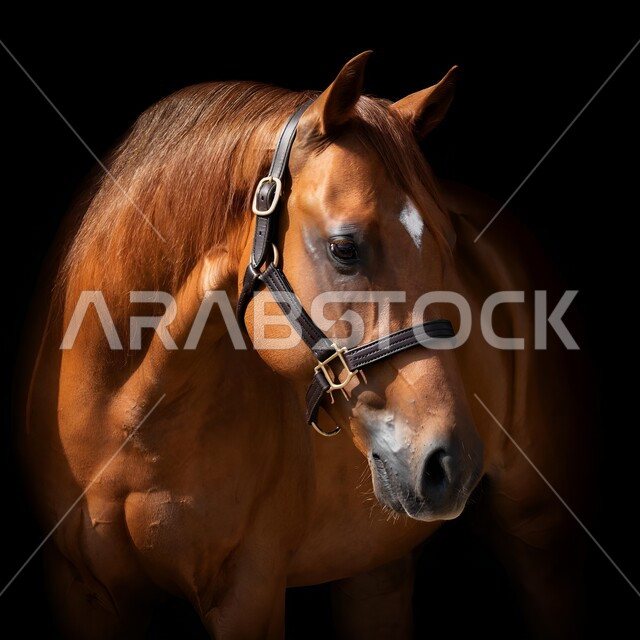 مزرعة لتربية وتدريب وترويض الخيول، المحميات الطبيعية في المملكة العربية السعودية للاهتمام والعناية بالجياد، توارث حب الجياد بين أبناء الوطن، صورة مقربة لخيل عربي أصيل بني اللون، إسطبل لرعاية الأحصنة، خلفية سوداء 