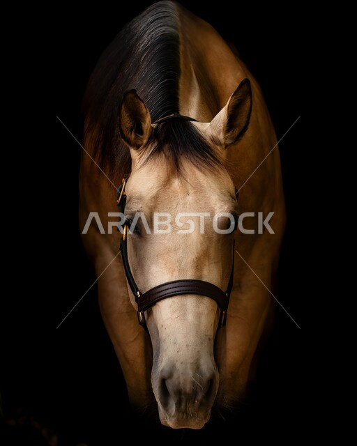  إسطبل لرعاية الأحصنة، مزرعة لتربية وتدريب وترويض الخيول، المحميات الطبيعية في المملكة العربية السعودية للاهتمام والعناية بالجياد، توارث حب الجياد بين أبناء الوطن، صورة مقربة لخيل عربي أصيل بني اللون، خلفية سوداء 