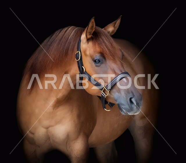 A stable for caring for horses, a farm for raising, training and taming horses, natural reserves in the Kingdom of Saudi Arabia for caring for and taking care of horses, inheriting the love of horses among the people of the country, a close-up photo of a purebred brown Arabian horse, black background