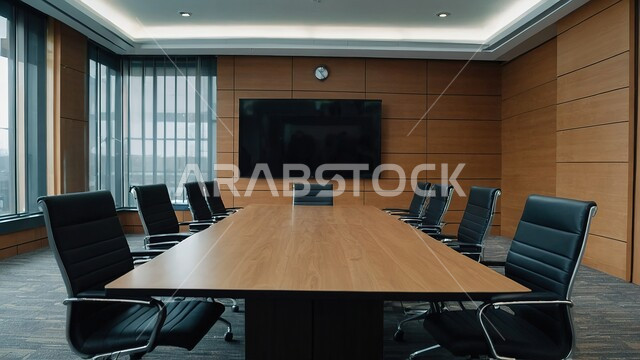 مكتب عمل بتصاميم عصرية حديثة في الشركات السعودية، غرفة اجتماعات مستطيلة واسعة مع طاولة خشبية محاطة بكراسي سوداء، غرف مكتبية بتصاميم داخلية وديكورات راقية