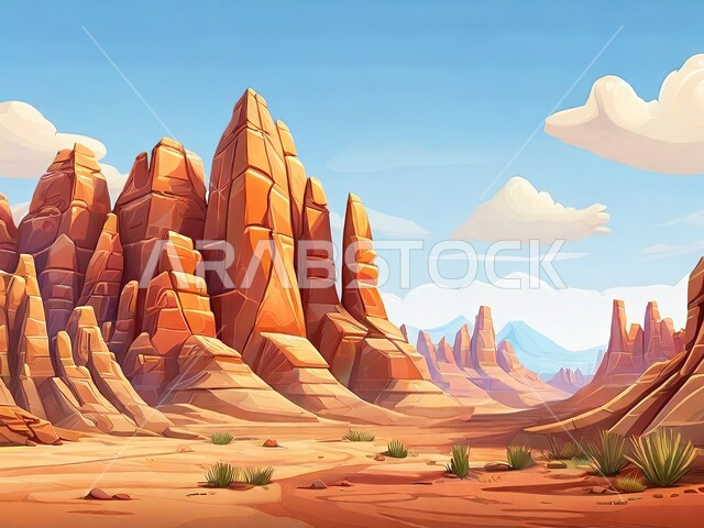 A view of the sky filled with white clouds, illustrations of the desert environment and landscapes in the Kingdom of Saudi Arabia, rock formations and formations of mountains, herbs and wild plants on mountain peaks and heights.