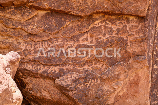 كتابات ورسوم عربية صخرية، نقوش من الحضارات النبطية واللحيانية و الدادانية على الصخور في منطقة العلا وجبل دادان، الحفاظ على ثقافة وتاريخ الأجداد، نقش أثري يعود لعصور قديمة في المملكة العربية السعودية، الأحافير والمنحوتات التاريخية