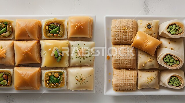 حلى سعودي بالفستق والمكسرات، منتجات محلية وطنية، كرم الضيافة في المملكة العربية السعودية, أطباق من الحلويات العربية الشرقية، مأكولات غنية بالسكريات والسعرات الحرارية، قطع البقلاوة الشهية على الطريقة التركية التقليدية