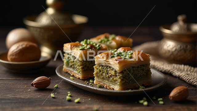 حلويات لذيذة سعودية بالفستق والمكسرات، وصفات الأطعمة العربية الشرقية، قطع البقلاوة الشهية على الطريقة التركية التقليدية، أكلات غنية بالسكريات والسعرات الحرارية، ضيافة الأعياد والمناسبات في المملكة العربية السعودية