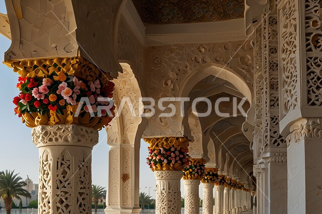 الساحة الخارجية للجامع، أداء الصلوات والاجتهاد في العبادة والتقرب الى الله، صورة مقربة للفن الهندسي المعماري على الطراز الحديث لمسجد الشيخ زايد الكبير في مدينة أبو ظبي، أماكن ومعالم دينية اسلامية مقدسة في الامارات العربية المتحدة