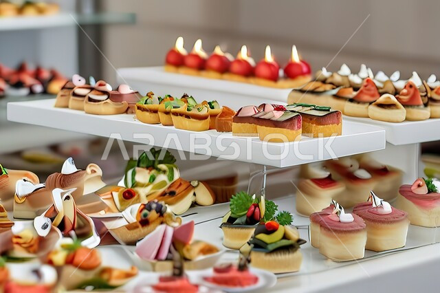 أصناف الأطباق والمقبلات العربية الشرقية، سفرة من المأكولات الشعبية التقليدية الشهية، المطاعم والمطابخ في المملكة العربية السعودية، طاولة طعام مليئة بالوجبات والحلويات اللذيذة، الضيافة في المناسبات وحفلات الزفاف