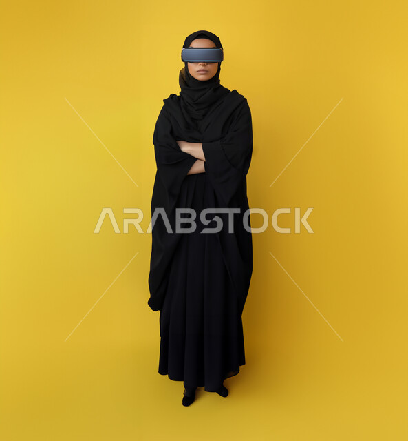 التفاعل والاندماج مع الواقع الافتراضي, العلوم والتكنولوجيا الحديثة والمتطورة, بورتريه لإمرأة عربية خليجية سعودية ترتدي العباءة والحجاب وتضع نظارات الفي آر ثلاثية الأبعاد، الوقوف باستقامة وايدي متقاطعة، خلفية صفراء