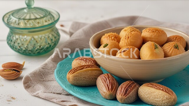 حلى سعودي بالمكسرات، طريقة إعداد وتحضير الحلويات الشهية، قطع حلوى العيد الشهية، كرم الضيافة وحسن الاستقبال في السعودية، الاستعداد لاستقبال الأعياد والمناسبات الإسلامية السعيدة، أقراص المعمول المزينة ذهبية اللو