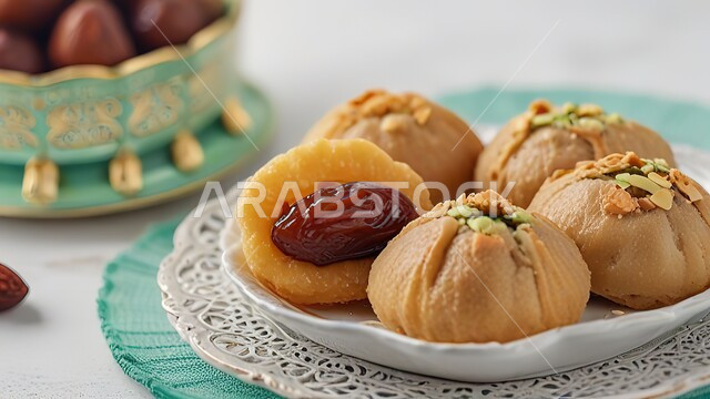 طريقة إعداد وتحضير الحلويات الشهية، قطع حلوى العيد الشهية، كرم الضيافة وحسن الاستقبال في السعودية، الاستعداد لاستقبال الأعياد والمناسبات الإسلامية السعيدة، أقراص المعمول المزينة ذهبية اللون، حلى سعودي بالمكسرات