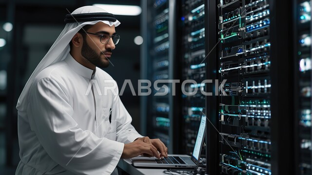 الاستفادة من الخبرات السعودية في تطوير الداتا سنتر، شبكة التخزين السحابي، ادارة غرفة التحكم بالسيرفرات وخوادم الانترنت العملاقة، موظف عربي خليجي سعودي يرتدي الثوب التقليدي والغترة يقوم بمراقبة السيرفر عبر جهاز الحاسوب المحمول